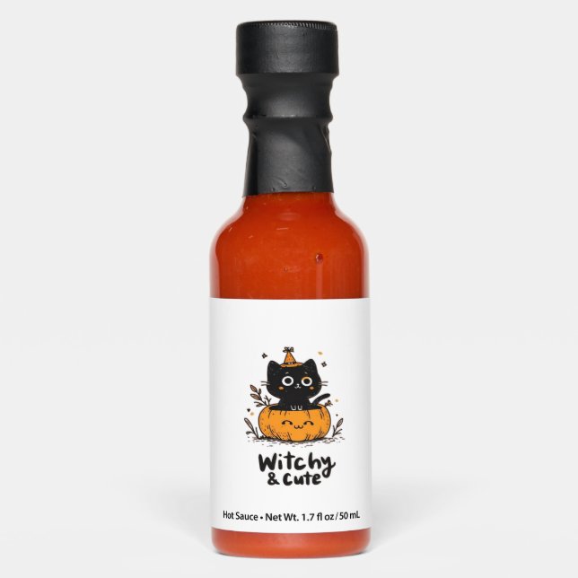 Black cat in pumpkin with witch hat, cute design C Hot Sauces (Front)