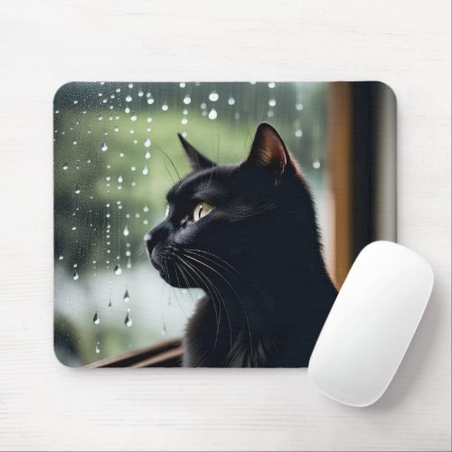 Black Cat In Rainy Window Mouse Pad