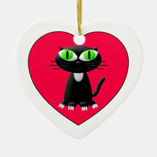 Black Cat In Red Heart Ceramic Ornament
