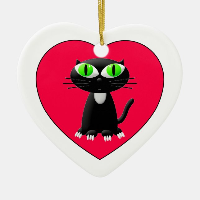 Black Cat In Red Heart Ceramic Ornament (Front)
