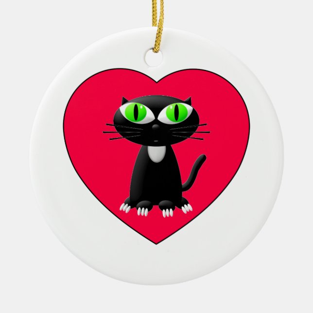 Black Cat In Red Heart Ceramic Ornament (Front)