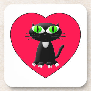 Black Cat In Red Heart Coaster