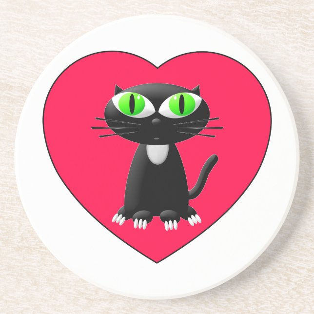 Black Cat In Red Heart Drink Coaster (Front)