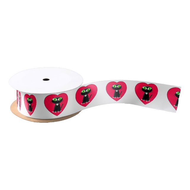 Black Cat In Red Heart Satin Ribbon (Spool)