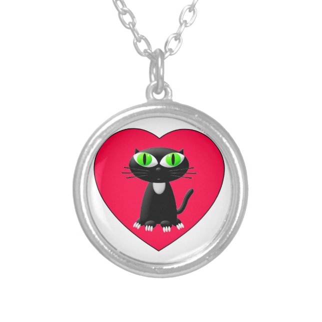 Black Cat In Red Heart Silver Plated Necklace (Front)