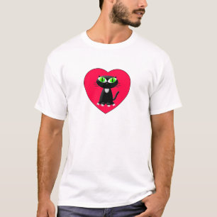 Black Cat In Red Heart T-Shirt