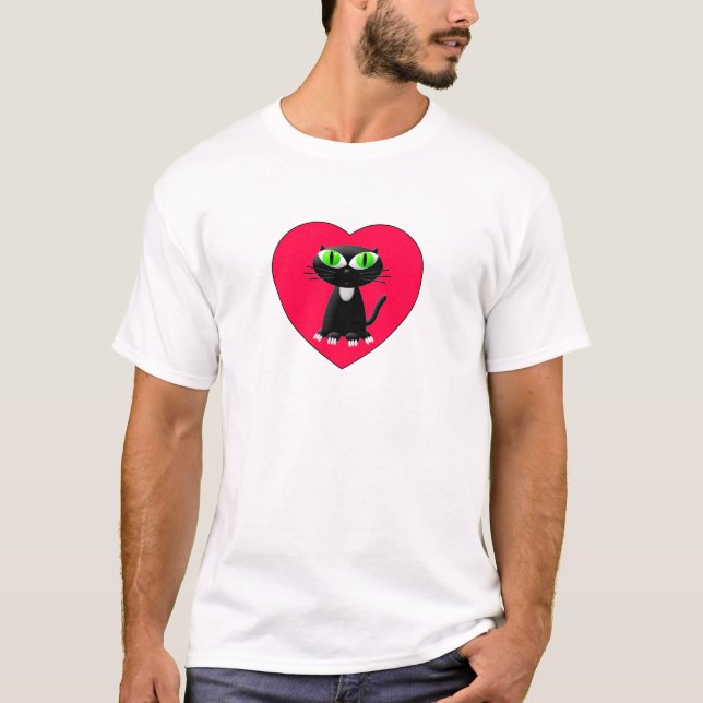 Black Cat In Red Heart T-Shirt (Front)