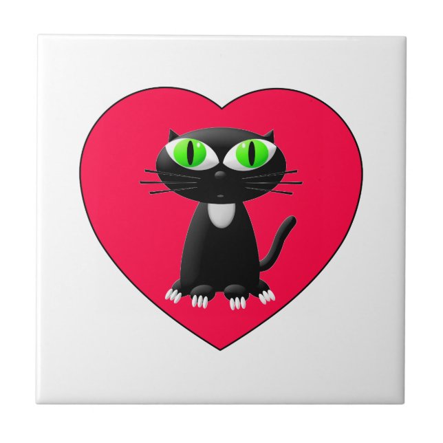 Black Cat In Red Heart Tile (Front)