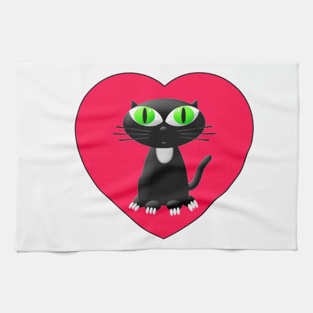 Black Cat In Red Heart Towel (Horizontal)