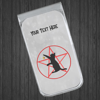 Black Cat in Red Pentagram Gold Star Grey Silver Finish Money Clip