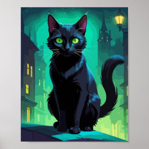 Black cat in rooftop poster