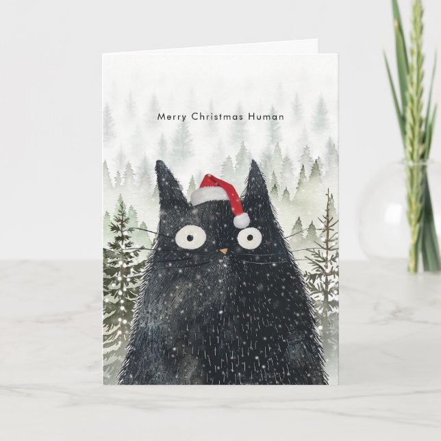 black cat in santa hat funny Christmas card (Front)
