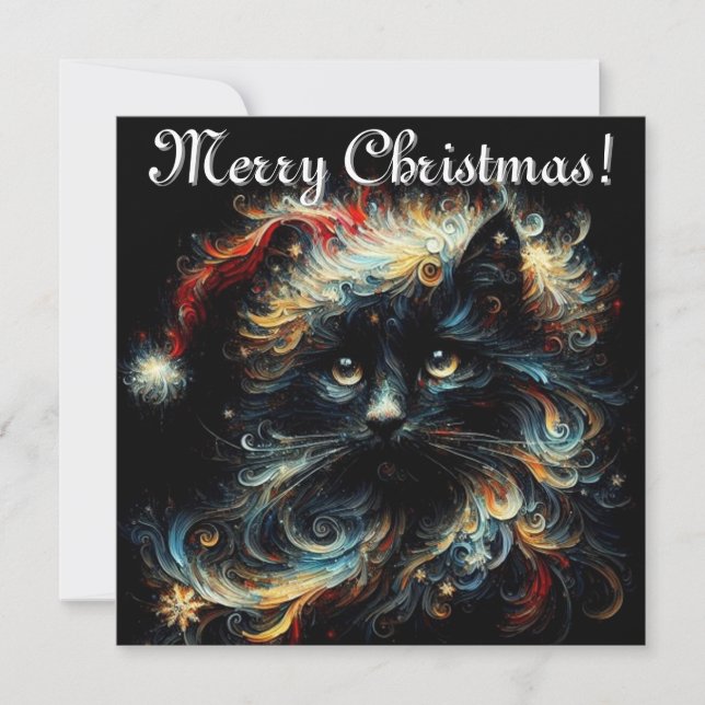 Black Cat in Santa Hat –Whimsical Holiday Greeting (Front)