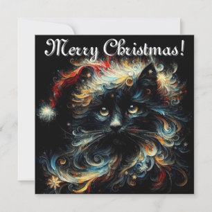 Black Cat in Santa Hat –Whimsical Holiday Greeting Card