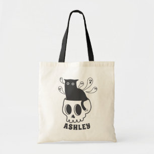 Black Cat in Skull Shirt Spooky Cute Halloween Tote Bag