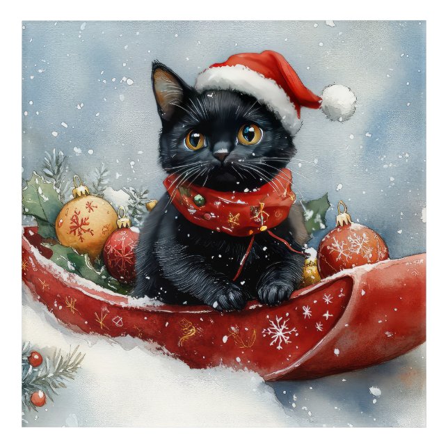 Black Cat in Sledge Let it Snow Christmas Acrylic Print (Front)