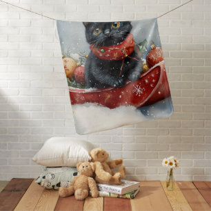 Black Cat in Sledge Let it Snow Christmas Baby Blanket