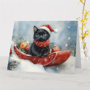 Black Cat in Sledge Let it Snow Christmas Card
