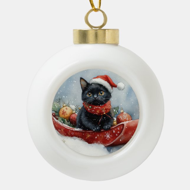 Black Cat in Sledge Let it Snow Christmas Ceramic Ball Christmas Ornament (Front)