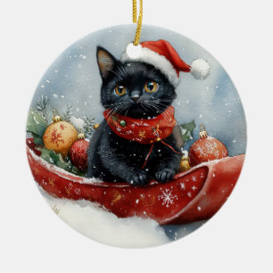 Black Cat in Sledge Let it Snow Christmas Ceramic Ornament