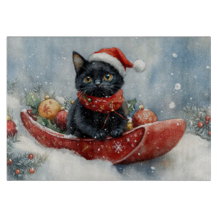 Black Cat in Sledge Let it Snow Christmas Cutting Board