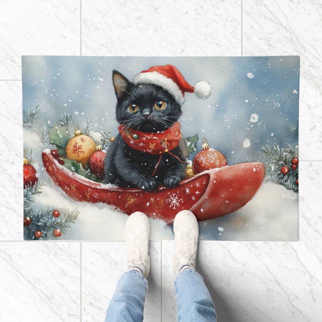 Black Cat in Sledge Let it Snow Christmas Doormat (Indoor)