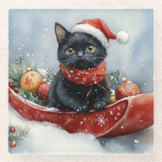 Black Cat in Sledge Let it Snow Christmas Glass Coaster (Front)