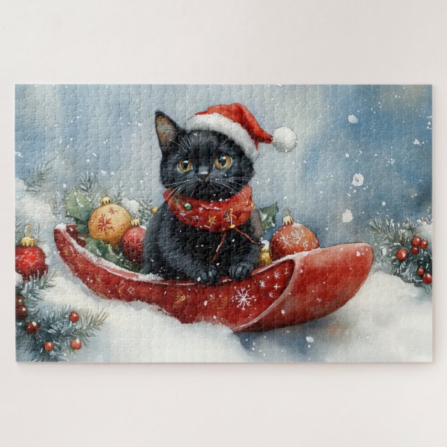 Black Cat in Sledge Let it Snow Christmas Jigsaw Puzzle (Horizontal)