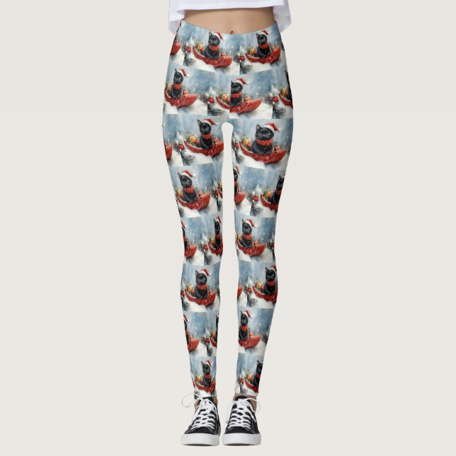 Black Cat in Sledge Let it Snow Christmas Leggings (Front)
