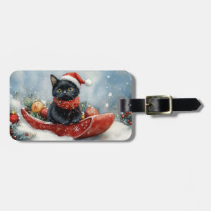 Black Cat in Sledge Let it Snow Christmas Luggage Tag