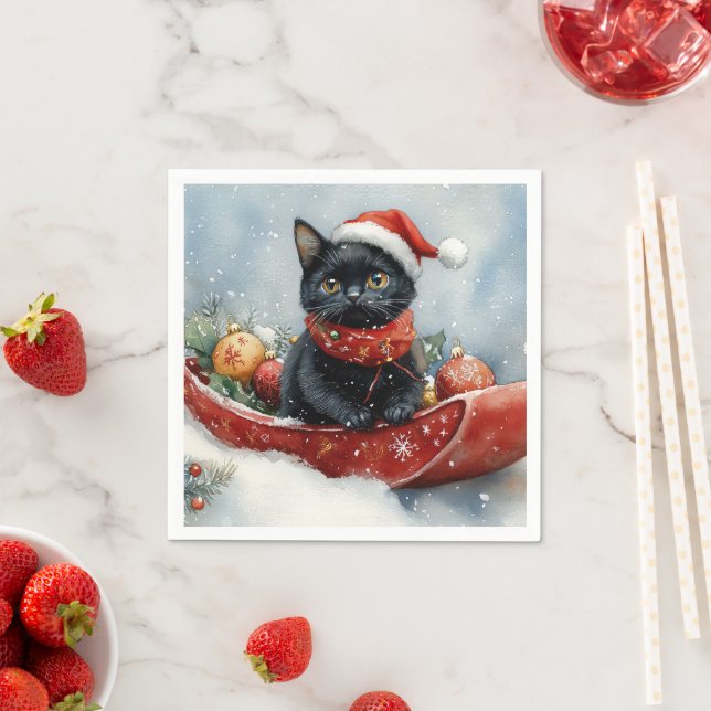 Black Cat in Sledge Let it Snow Christmas Napkins (Insitu)