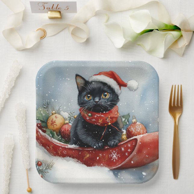 Black Cat in Sledge Let it Snow Christmas Paper Plates (Wedding)