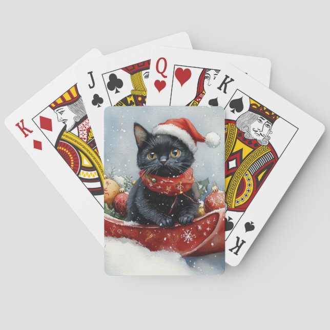 Black Cat in Sledge Let it Snow Christmas Poker Cards (Back)