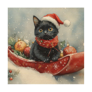 Black Cat in Sledge Let it Snow Christmas Wood Wall Art