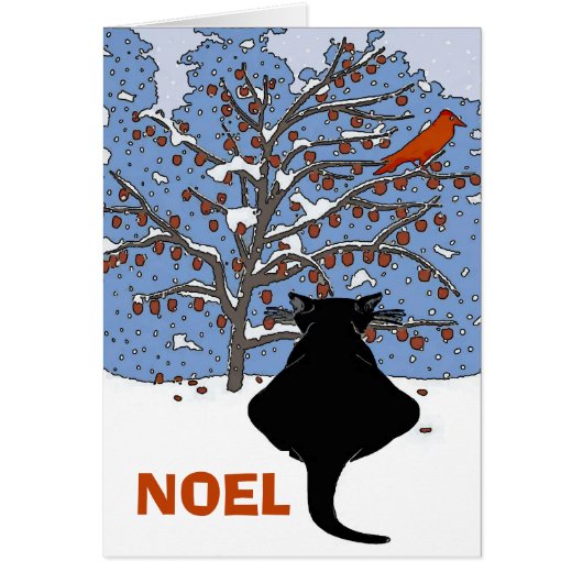 Black Cat in Snow, Noel, Red Bird Cards (Front)