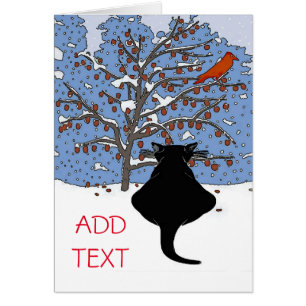 Black Cat in Snow with Red Bird, add text, Cards