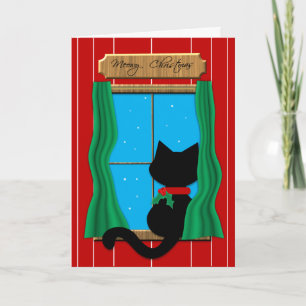 Black Cat in Snowy Window - Meowy Christmas Card