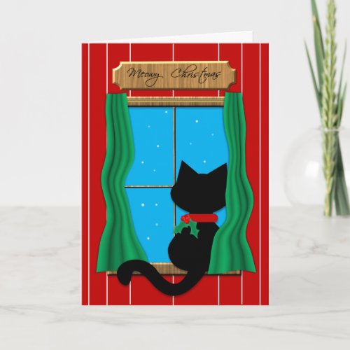 Black Cat in Snowy Window _ Meowy Christmas Card