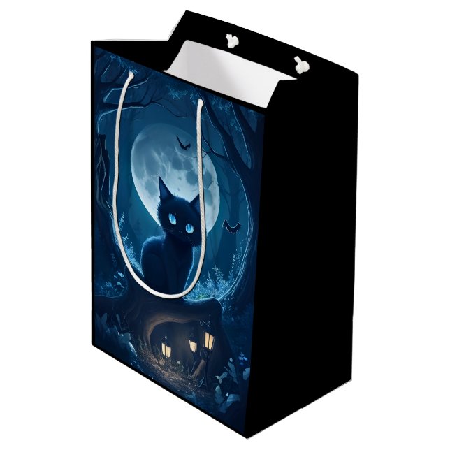 Black Cat in Spooky Forest  Medium Gift Bag (Back Angled)