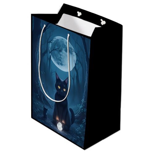 Black Cat in Spooky Forest Shiny White Crystal Medium Gift Bag