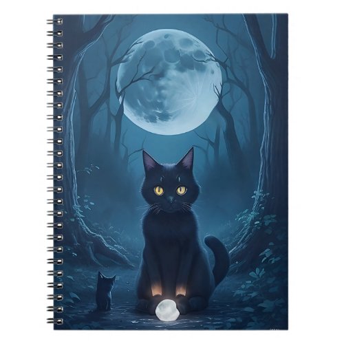 Black Cat in Spooky Forest Shiny White Crystal Notebook