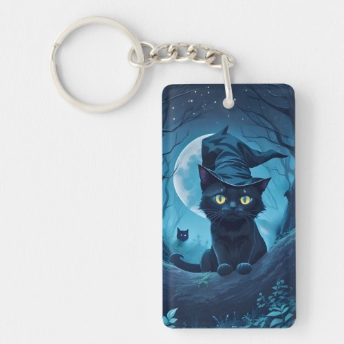 Black Cat in Spooky Hat Under the Stars Keychain