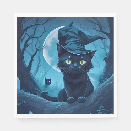 Black Cat in Spooky Hat Under the Stars Napkins