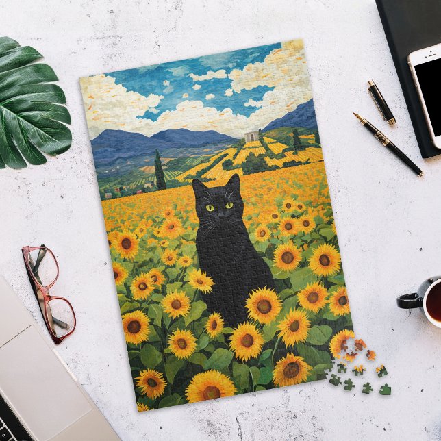 Black Cat in Sunflower Field Jigsaw Puzzle (Creator Uploaded)