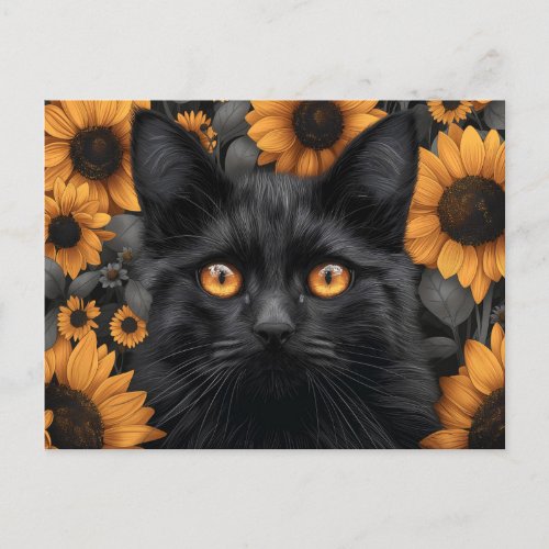 Black Cat in Sunflower Field Postcard