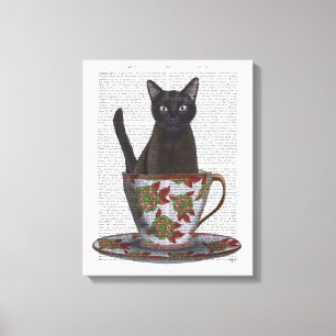 Black Cat in Teacup Canvas Print