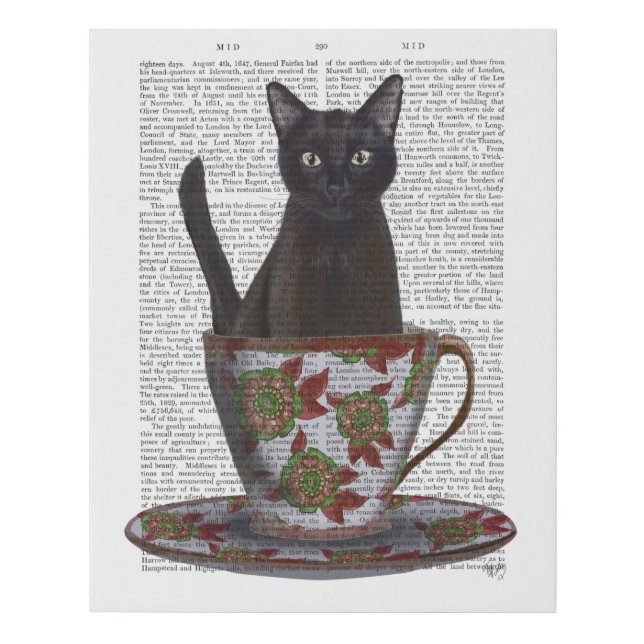 Black Cat in Teacup Faux Canvas Print (Front)