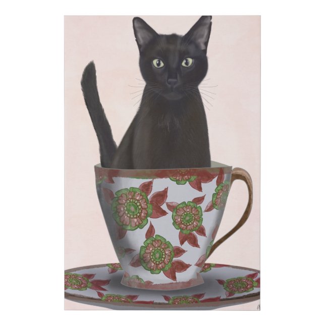 Black Cat in Teacup Faux Canvas Print (Front)