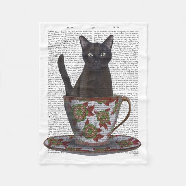 Black Cat in Teacup Fleece Blanket (Front)