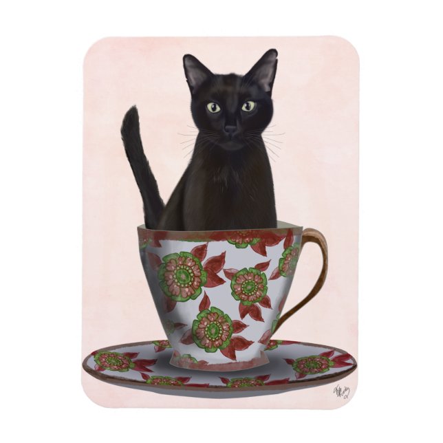 Black Cat in Teacup Magnet (Vertical)